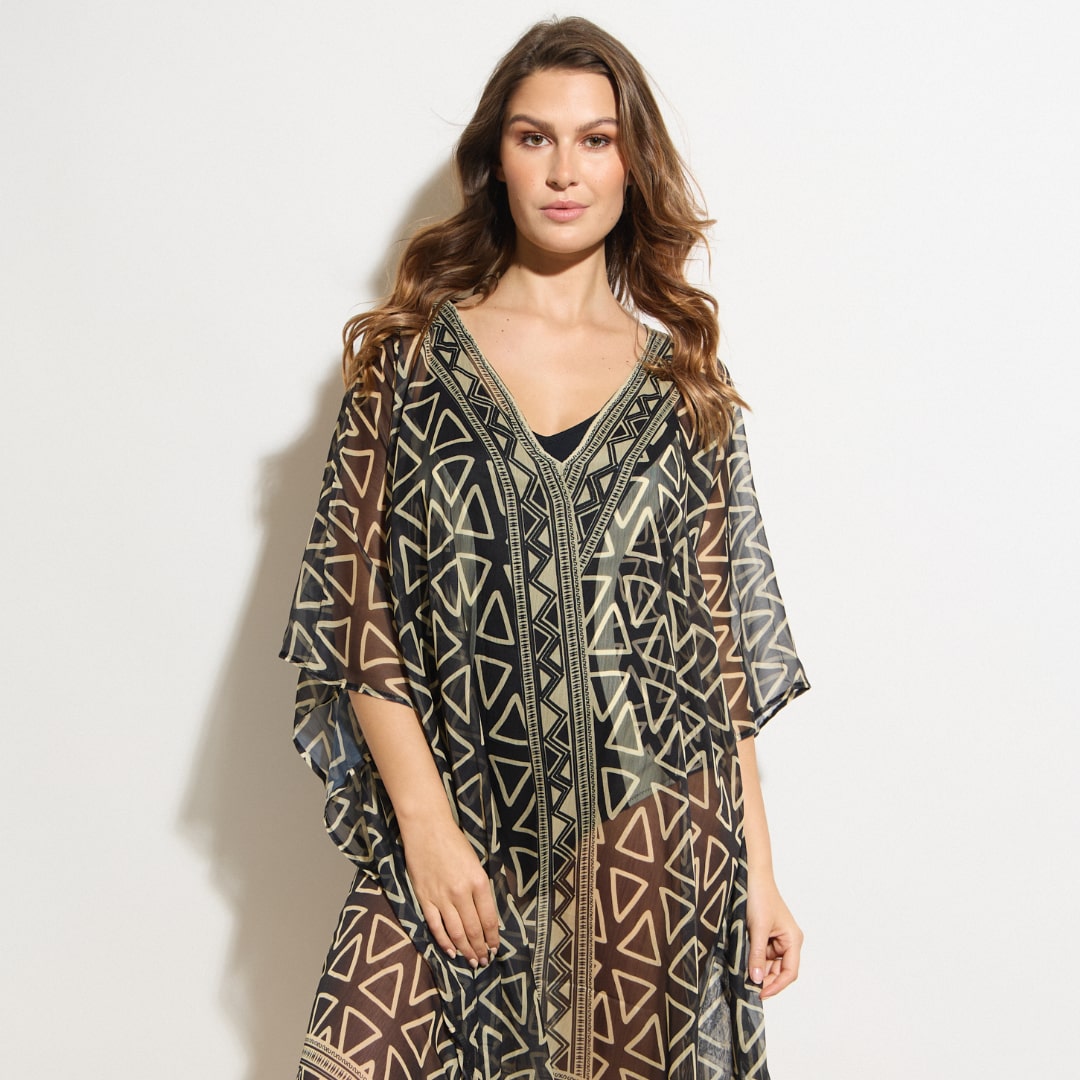 Černý kaftan, značka Deidad, vzorovaný, elegantní kaftan, doplněk k vodě, univerzální velikost, vzor trjúhelníků, Triola